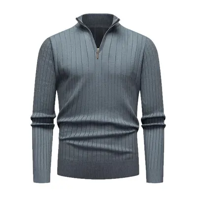 Men's Long Sleeve Knit Sweater, Half Turtleneck, Zipper, Vertical Stripes