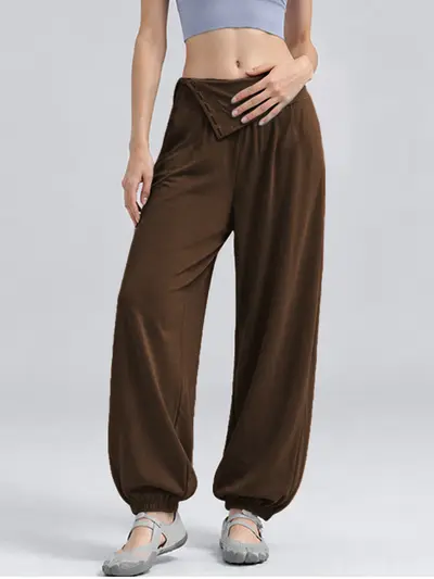 Damen-Yogahose mit Taillenknopf und weitem Bein, hohe Taille - 10