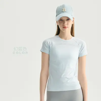 Dikişsiz İnce Ter Emici Spor Fitness Yoga Kısa Kollu Üst Kadın Yoga Koşu Antrenman Üstü Zayıflatan T-Shirt - 12