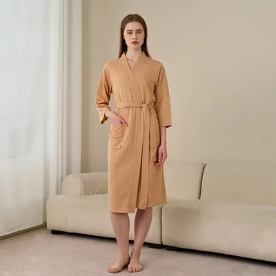 Frühlings- und Sommerbademantel für Frauen, dünner Waffel-Doppel-Nachthemd für Männer und Frauen, sommerlicher dreiviertellanger Ärmel koreanischer Stil Bademantel, absorbierend - 7