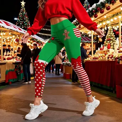 Noel baskılı kadın spor tayt, fitness ve yoga pantolonu