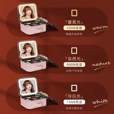 LED Makeup Case with Mirror, Three-Color Light, Portable Large Capacity