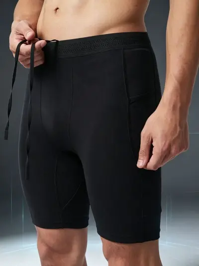跨境吸汗亚马逊现货螺纹高弹越野跑步运动四分短裤紧身裤速干裤