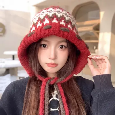 Women's Autumn Winter Jacquard Knit Beanie with Ear Protection, Heat-Retaining