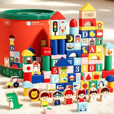 Montessori Large Solid Wood Blocks, Geometric Shapes and Color Learning Toy