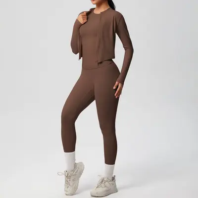 Brushed Women's Three-Piece Short-Sleeve Yoga Set, Breathable - 4