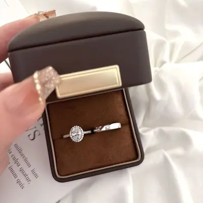 Wedding simulated diamond ring pair, moissanite, adjustable - 6