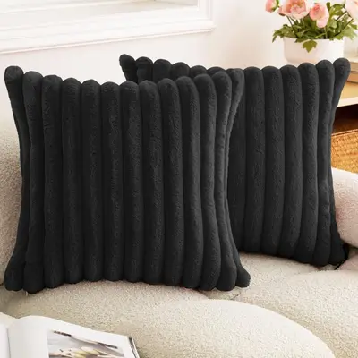 Rabbit Fur Throw Pillow Cover, Rectangular, Vertical Stripe Plush - 8