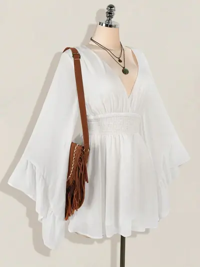 Deep V-Neck Waist-Cinching Short Flared Sleeve Mesh Dress, Solid Colour