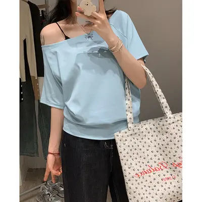 Women's Short Sleeve T-Shirt, Off-Shoulder Design, Black, Summer - 11