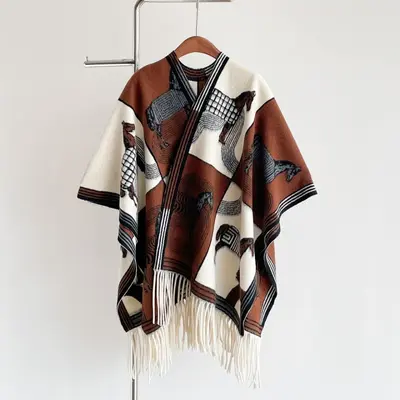 Women's Long Cashmere-Look Side Slit Cape Shawl, Warm - 11