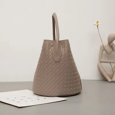 Genuine Leather Woven Bucket Bag for Women