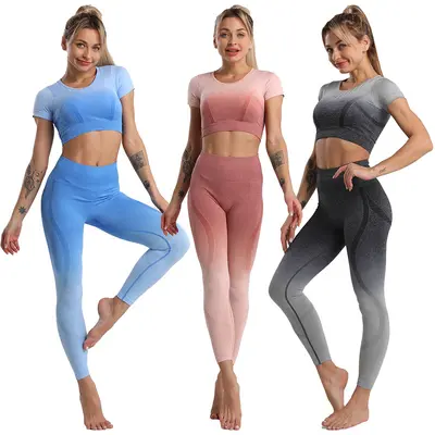 Women's Gradient Seamless Yoga Set, Long Pants and Short Sleeve T-Shirt