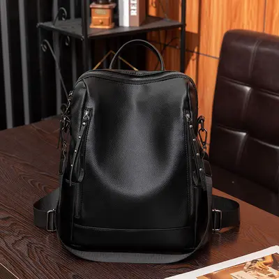 Women's Korean Style Soft Leather Backpack Casual Travel Schoolbag - 7