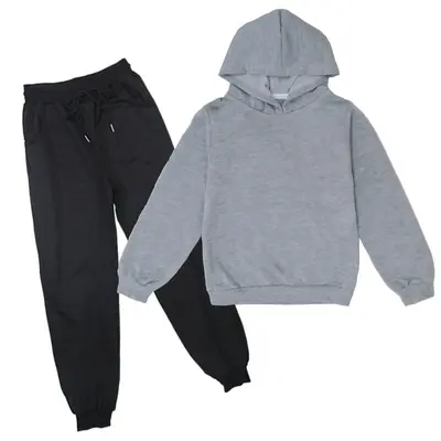 Children's Hooded Thin Sweatshirt and Long Pants Daily Set, Plain Colour - 9