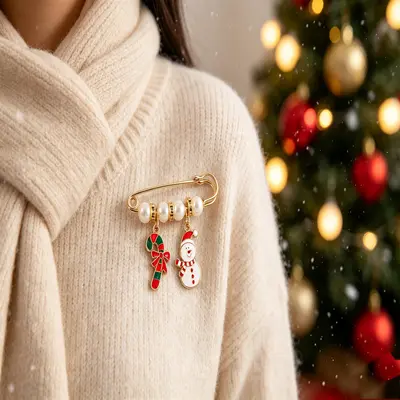 Christmas Pearl Brooch, Alloy, Snowman Sock Flower Design, Pin Back