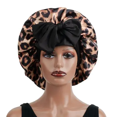 Leopard Print Drawstring Sleep Cap with Wide-Brim Beauty Hair Care Hat - 8