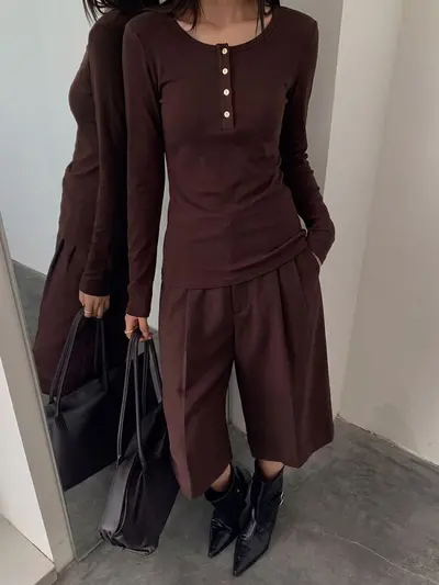 YOUYE 2026 Autumn Henley Collar Long-Sleeve Women's T-Shirt