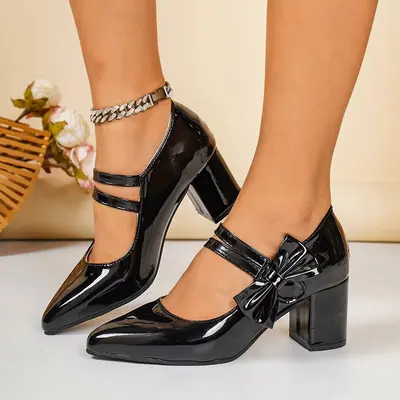 2026 Spring New Arrival Foreign Trade Plus Size Women's Chunky Heel High Heels European and American Style Pointed Toe Lightweight Comfortable Bow Knot