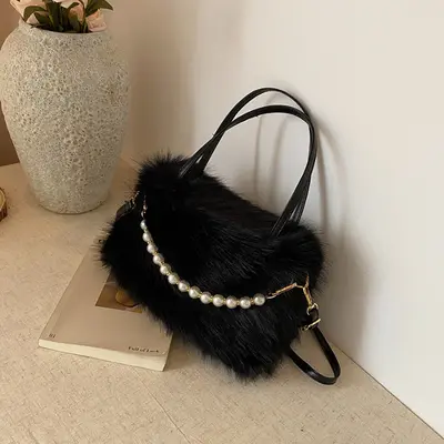 Women's Handbag, Plush and Beaded, Small Square Shoulder Bag - 8