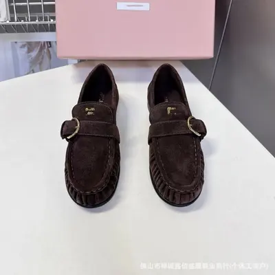 Correct version mi*British Retro Versatile Belt Buckle Small Leather Shoes Chunky Heel Height-Increasing Slip-On Genuine Leather Loafers for Women