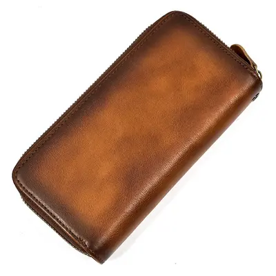 Men's Crazy Horse Leather Long Wallet with Zipper, Double-Layer Cowhide - 3