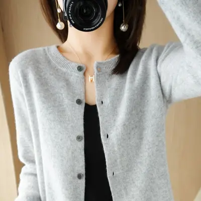 Women's OL Style Elegant Long-Sleeve Round Neck Straight-Cut Knit Cardigan Sweater