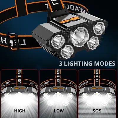 5-LED wiederaufladbare Stirnlampe, starkes Licht, wasserdicht