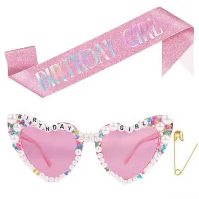 Birthday Party BIRTHDAY GIRL Heart Pearl Decorated Sunglasses