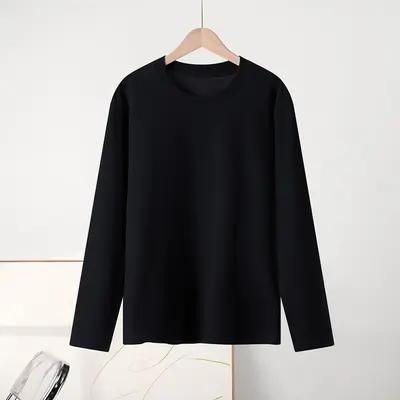 Women's 230g simple inner-lined shirt autumn long sleeve pure cotton right shoulder men's t-shirt round neck solid color double outfit wholesale - 8