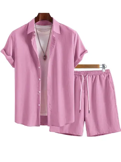 Men's Short-Sleeve Shirt and Shorts Set, Solid Color, Summer - 8