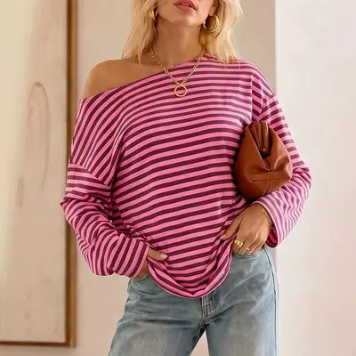 Women's Round Neck Striped Color-Block Long Sleeve T-Shirt
