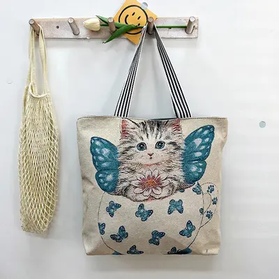 Gold Silk Fabric Women's Canvas Tote Bag with Creative Pattern - 13