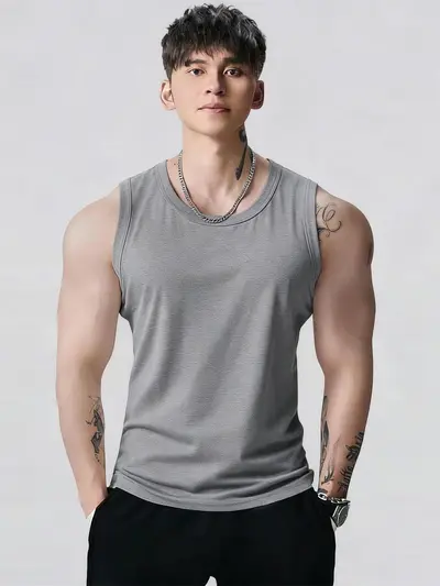 Men's Ribbed Fitness Tank Top, Breathable Solid Colour - 5