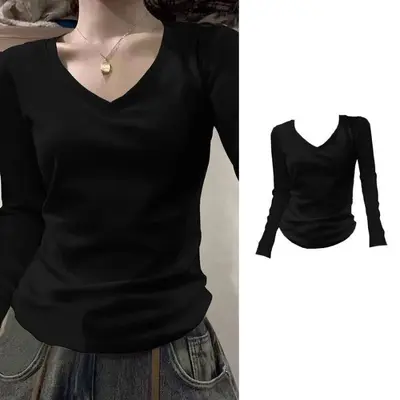 Women's Solid Color V-Neck Long Sleeve Base Layer T-Shirt, Slim Fit - 7