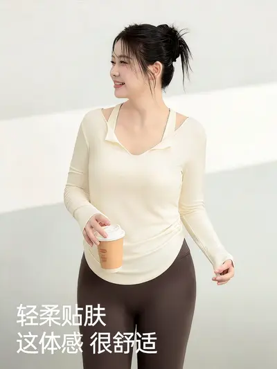 大码胖mm瑜伽服女长袖普拉提上衣运动跑步训练显瘦春季健身服T恤