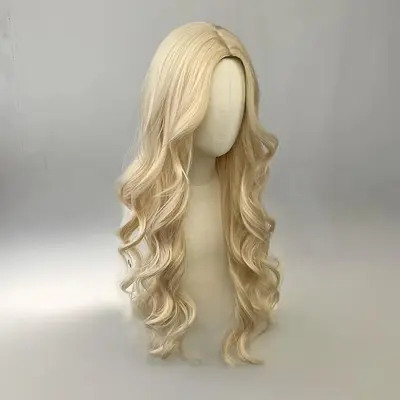 Light Blonde Long Wavy Synthetic Wig with Center Part Bangs