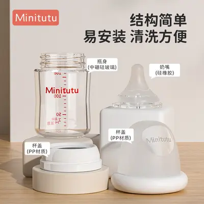 Minitutu Newborn Baby Wide-Neck Anti-Colic Anti-Choke Glass Baby Bottle Newborn Feeding Bottle Wholesale