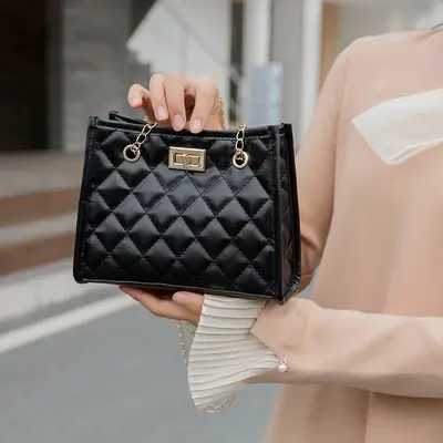 Embroidered Chain Small Women's Shoulder Bag, Diamond Pattern - 5