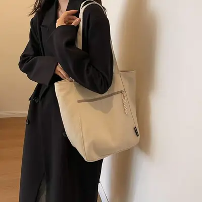 Solid Color Retro Large-Capacity Tote Bag, Women's Shoulder Bag - 5