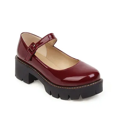 Thick-Soled Mary Jane Women's Shoes, Single Strap, Patent Leather, Buckle