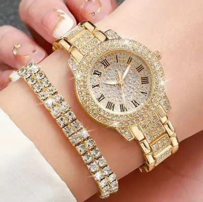 Trendy Best-Selling Roman Numeral Luxury Diamond-Studded Cuban Bracelet with Women's Watch Fashionable Hip-Hop Steel Watch - 11