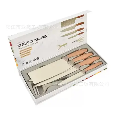 跨境刀具套装肥仔柄木纹披覆六件套厨房套刀带瓜刨彩盒装现货批发 - 10