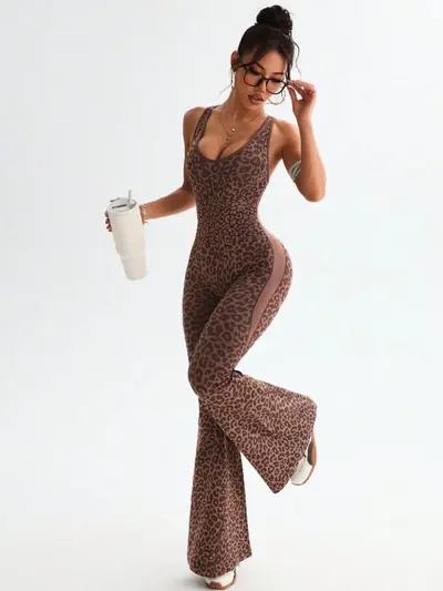 Leopard Print Cross Back Flared One-Piece Yoga Jumpsuit for Women - 3