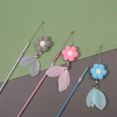 Feather Wire Cat Teaser Wand with Fur Ball and Bell, Long Pole - 8