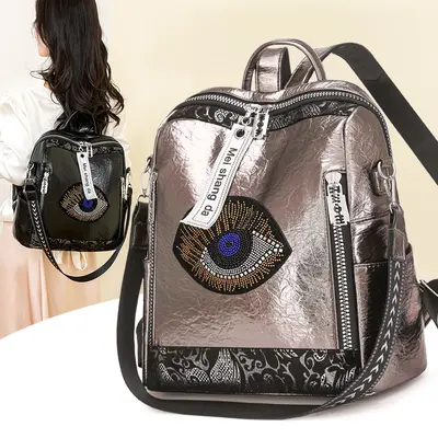 Women's Punk Backpack with Rhinestones and Leopard Print - 4