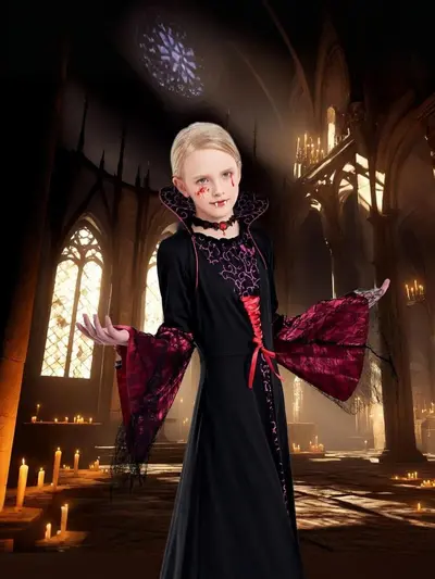 Children's Halloween Witch Costume, Long-Sleeve, Medieval Retro Printed Dress