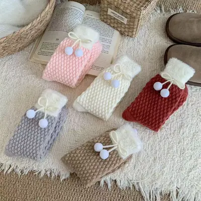 Women's Thick Autumn Winter White Pom-Pom Long Socks, Fleece-Lined Plaid