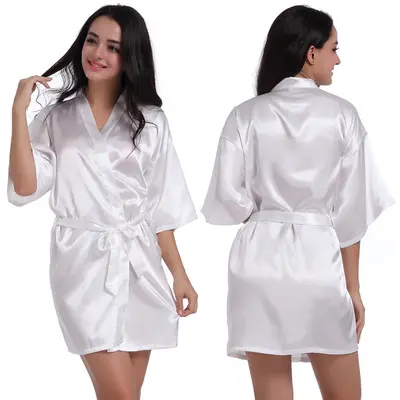 Amazon Grenzüberschreitender Damen-Satinmorgenmantel gedreht, einfarbig glänzend, Sommer dünn, sexy, kurze Strickjacke, Bademantel - 7