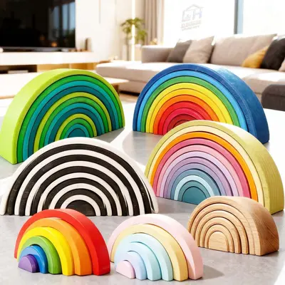 Rainbow Building Block Set DIY Wooden Educational Toy for Kindergarten - 2